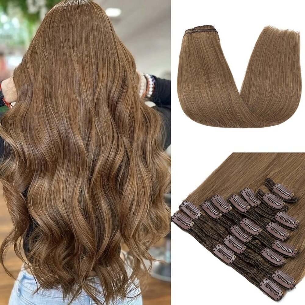 160g Double Weft Clip in 100% Remy Human Hair Extensions Light Brown Grade 7A Qu